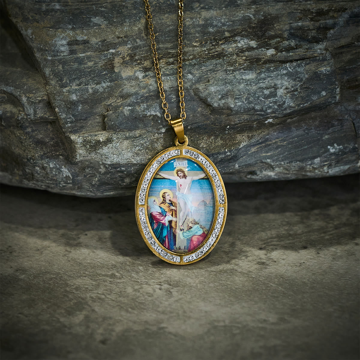 Vintage Style Oval Crucifix Scene Pendant Necklace with Sparkling Frame