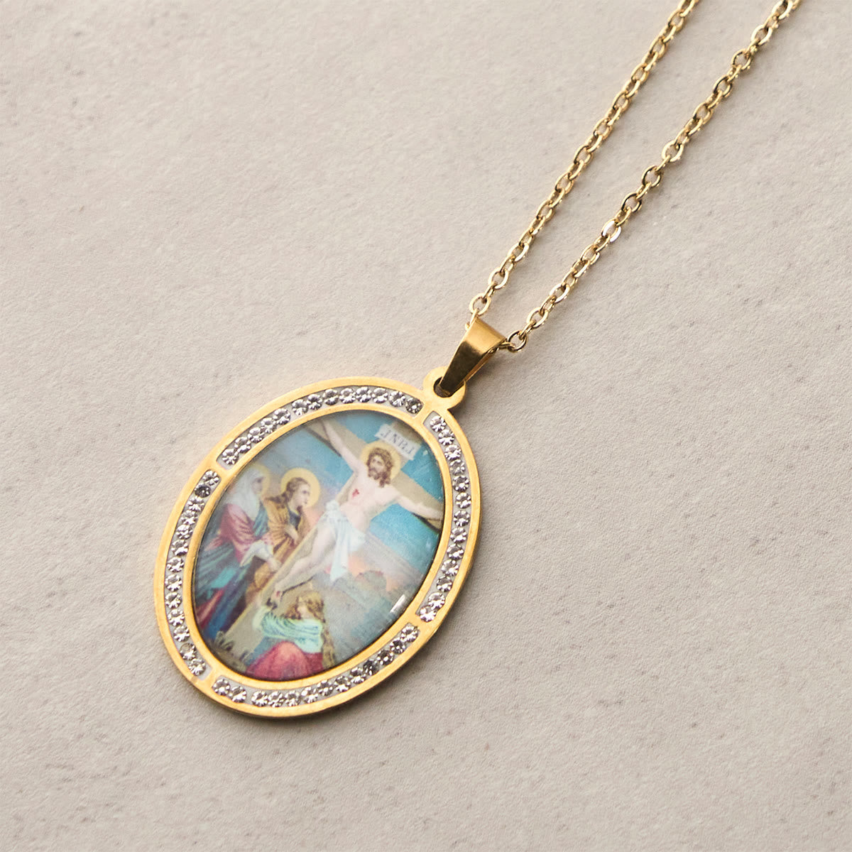 Vintage Style Oval Crucifix Scene Pendant Necklace with Sparkling Frame