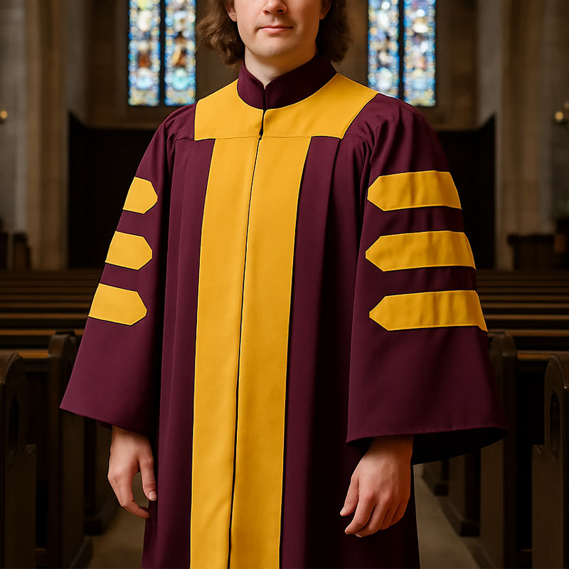 Majestic Burgundy Clergy Robe with Gold-Panel Front and Sleeve Bars