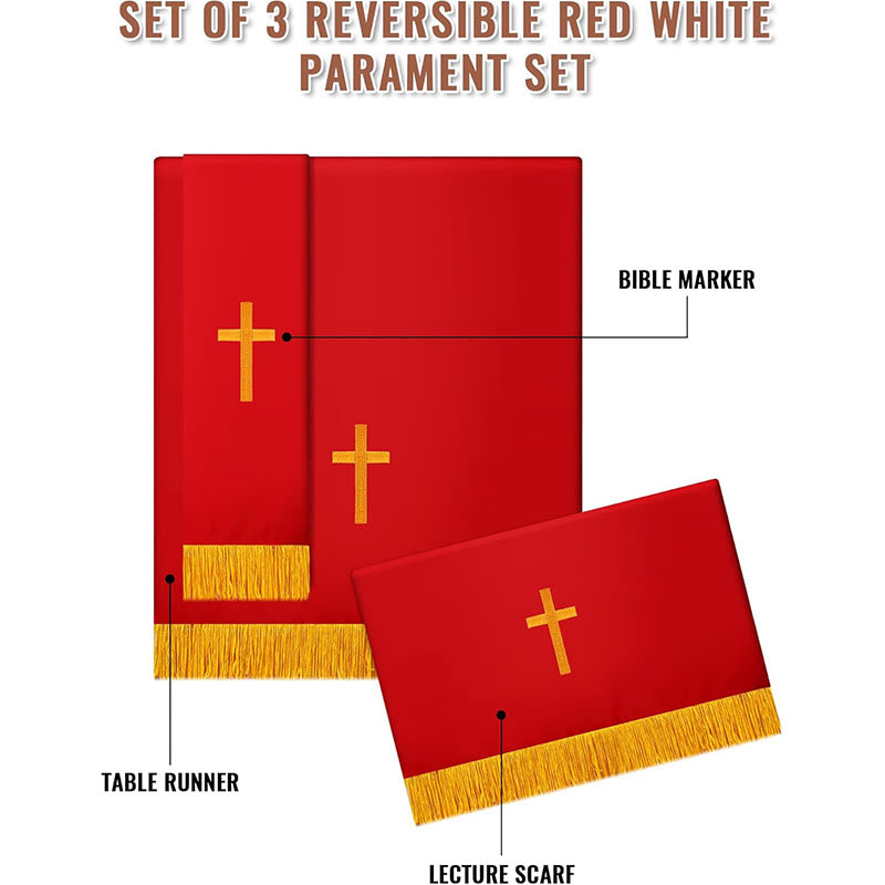 Complete Church Parament Set: Table Runner, Lectern Scarf & Bible Marker in Red and White