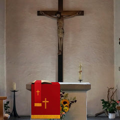Complete Church Parament Set: Table Runner, Lectern Scarf & Bible Marker in Red and White