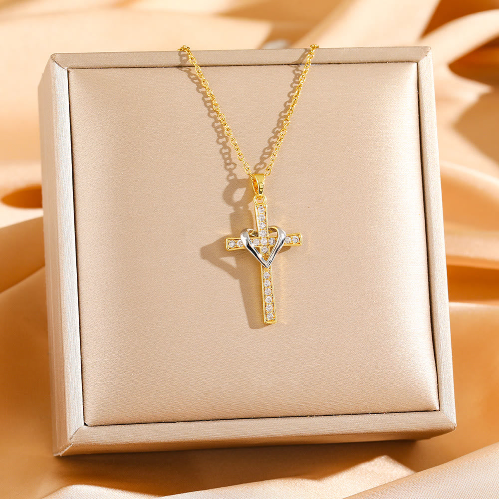 Dual - Tone Heart & Cross Necklace with Zircons: Fusion of Love and Faith