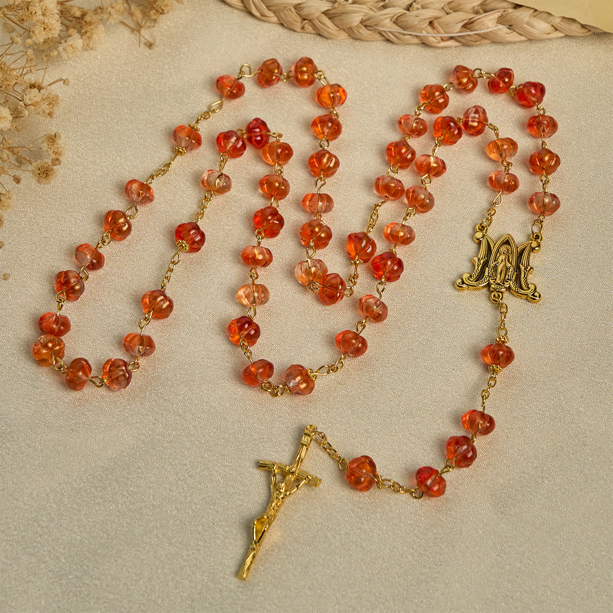 Halloween - Themed Pumpkin - Shaped Beads Rosary with Golden Crucifix