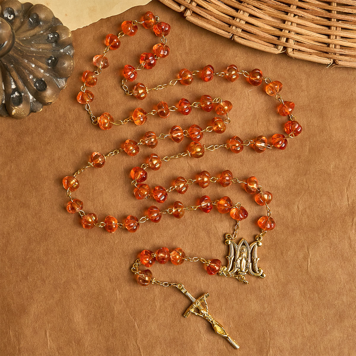 Halloween - Themed Pumpkin - Shaped Beads Rosary with Golden Crucifix