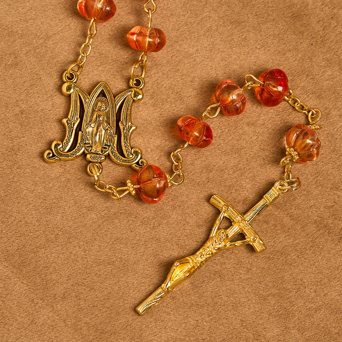 Halloween - Themed Pumpkin - Shaped Beads Rosary with Golden Crucifix