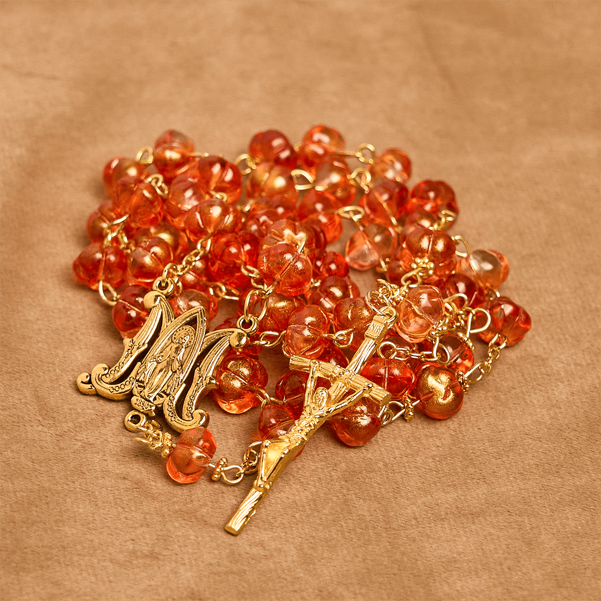Halloween - Themed Pumpkin - Shaped Beads Rosary with Golden Crucifix