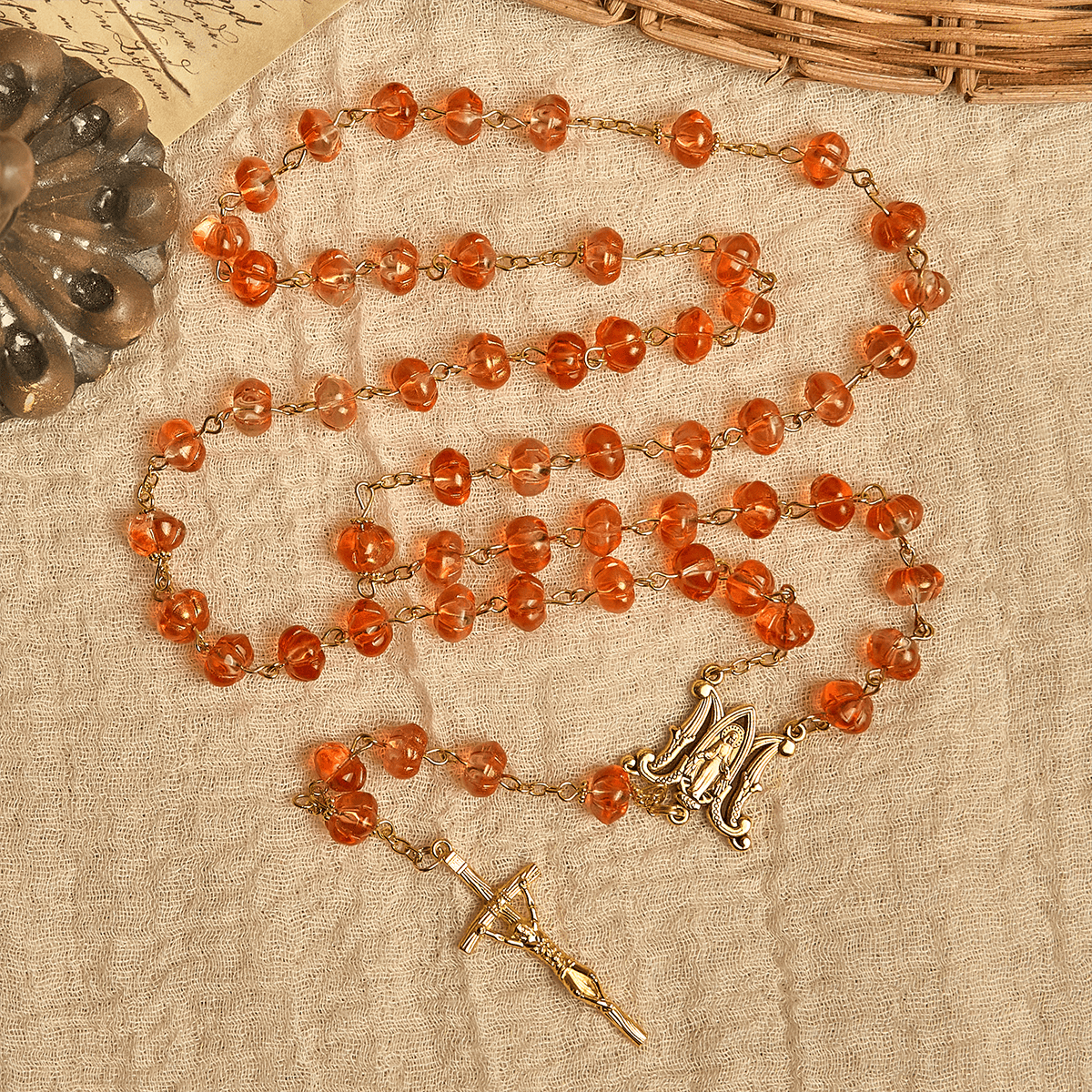 Halloween - Themed Pumpkin - Shaped Beads Rosary with Golden Crucifix
