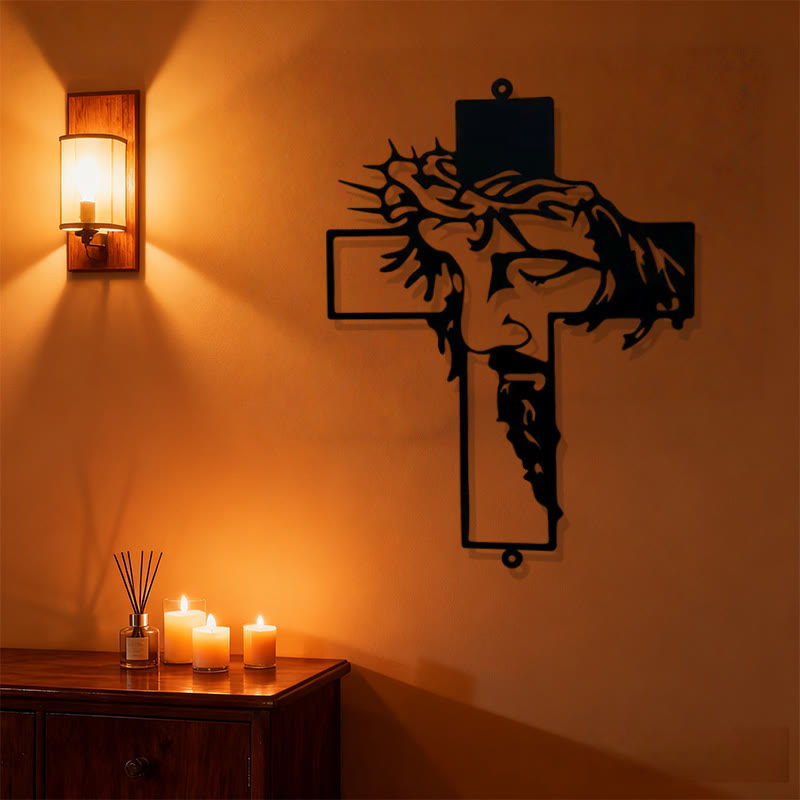 Black Metal Jesus with Crown of Thorns Cross Metal Wall Decor