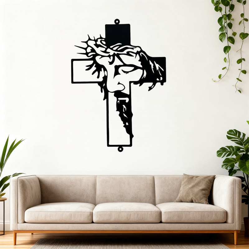 Black Metal Jesus with Crown of Thorns Cross Metal Wall Decor