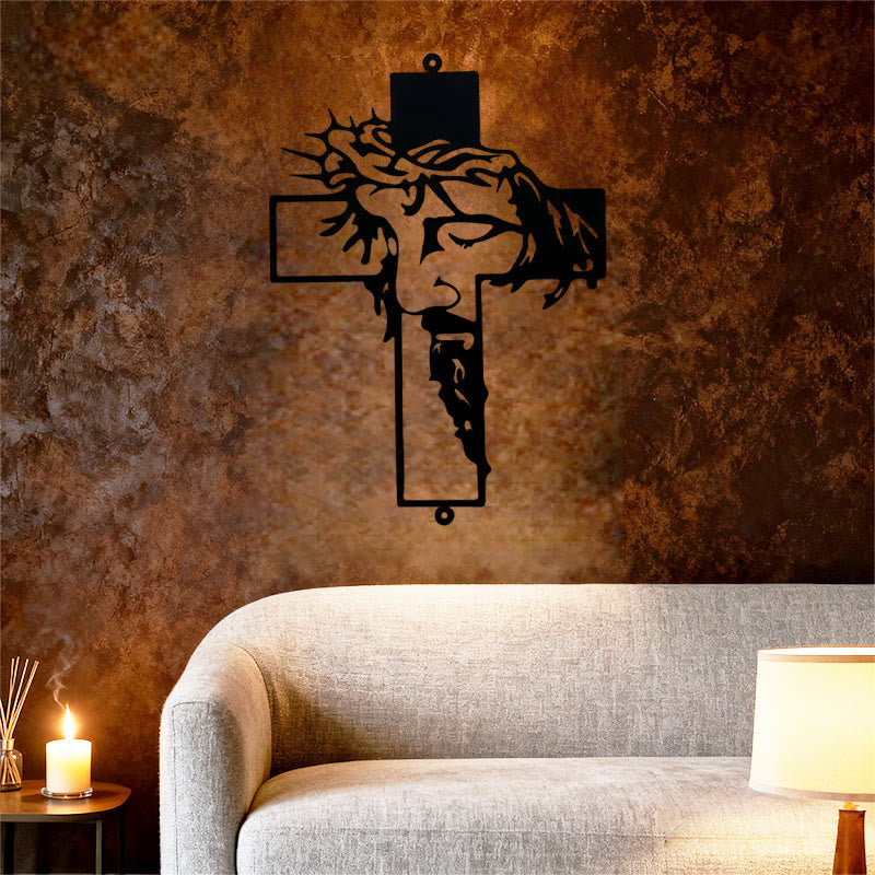 Black Metal Jesus with Crown of Thorns Cross Metal Wall Decor