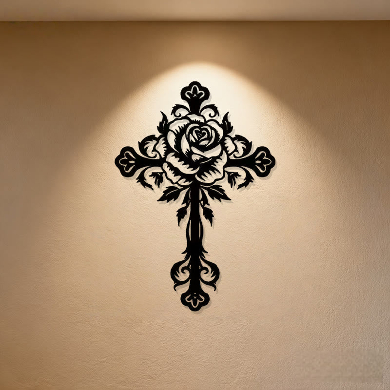 Artistic Floral Rose Cross Black Metal Wall Decor