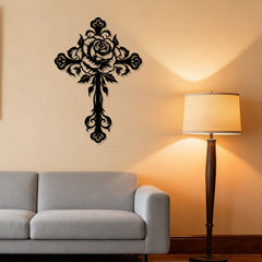 Artistic Floral Rose Cross Black Metal Wall Decor