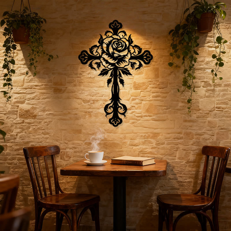Artistic Floral Rose Cross Black Metal Wall Decor