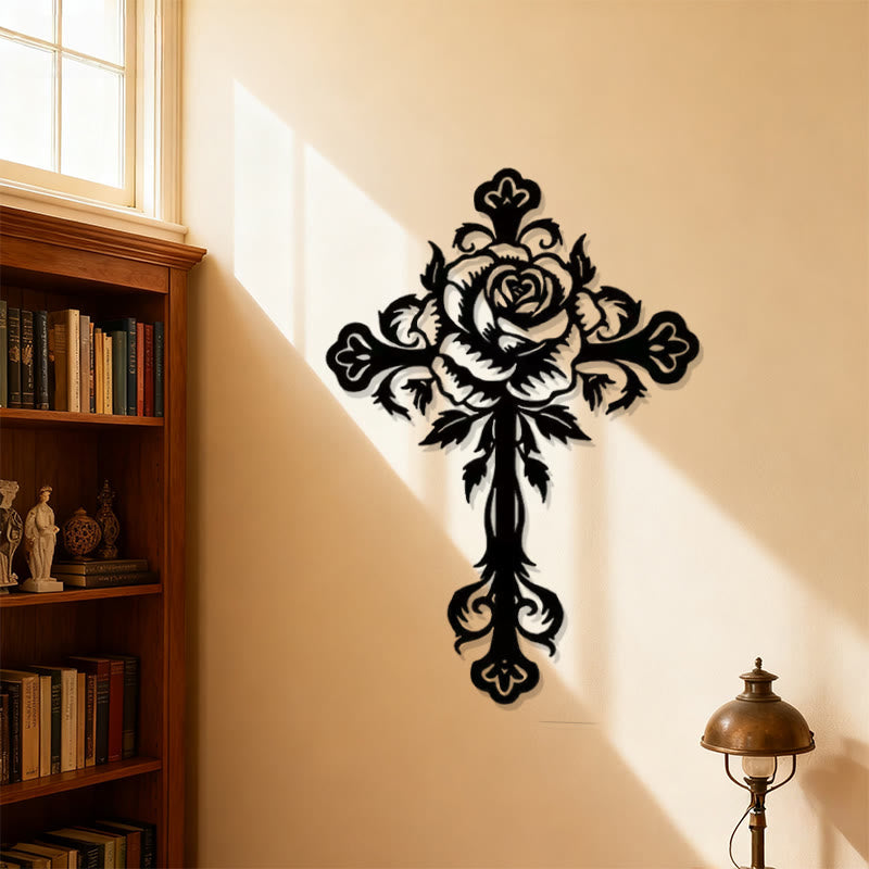Artistic Floral Rose Cross Black Metal Wall Decor