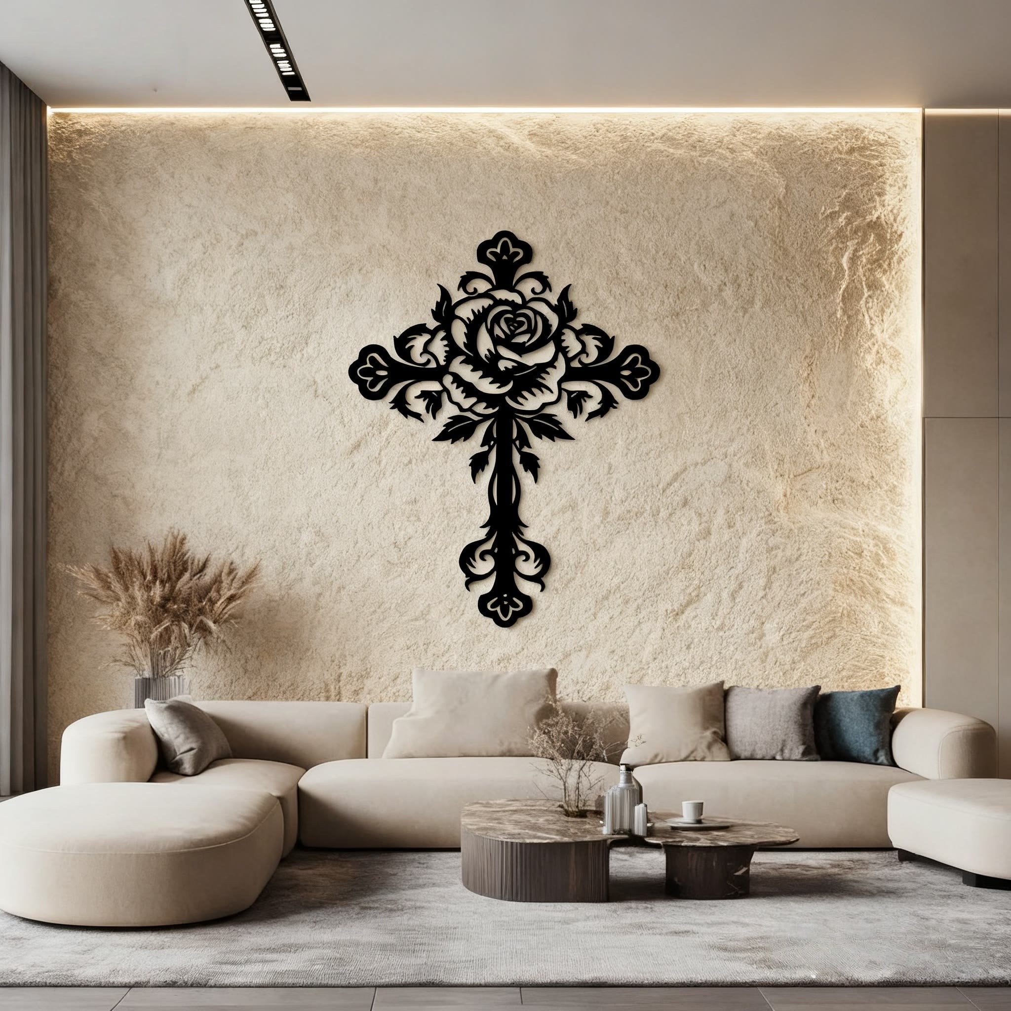 Artistic Floral Rose Cross Black Metal Wall Decor
