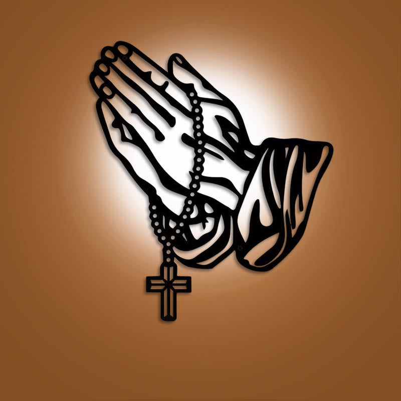 Classic Praying Hands with Rosary Cross Black Metal Wall Decor