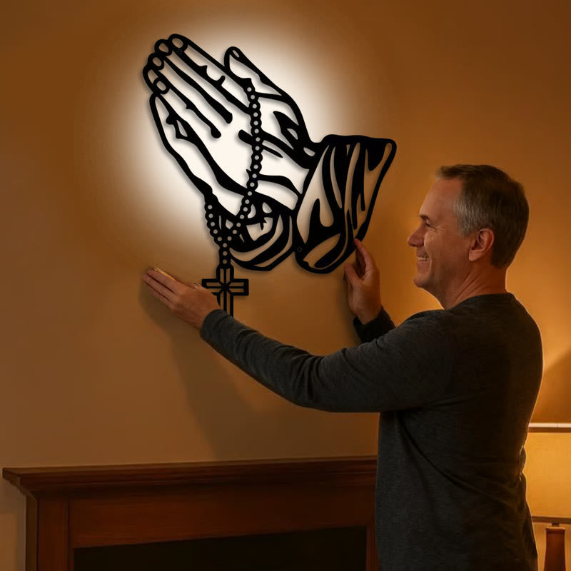 Classic Praying Hands with Rosary Cross Black Metal Wall Decor
