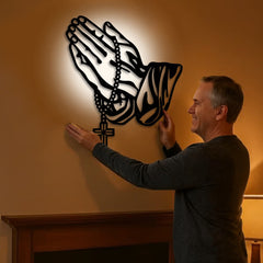Classic Praying Hands with Rosary Cross Black Metal Wall Decor