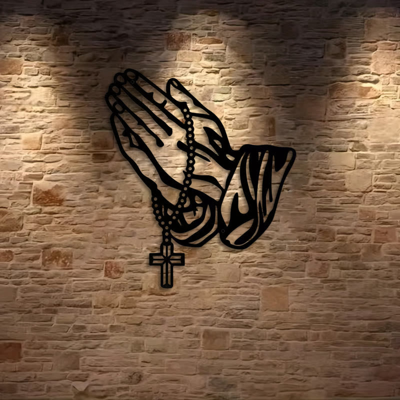 Classic Praying Hands with Rosary Cross Black Metal Wall Decor
