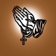 Classic Praying Hands with Rosary Cross Black Metal Wall Decor