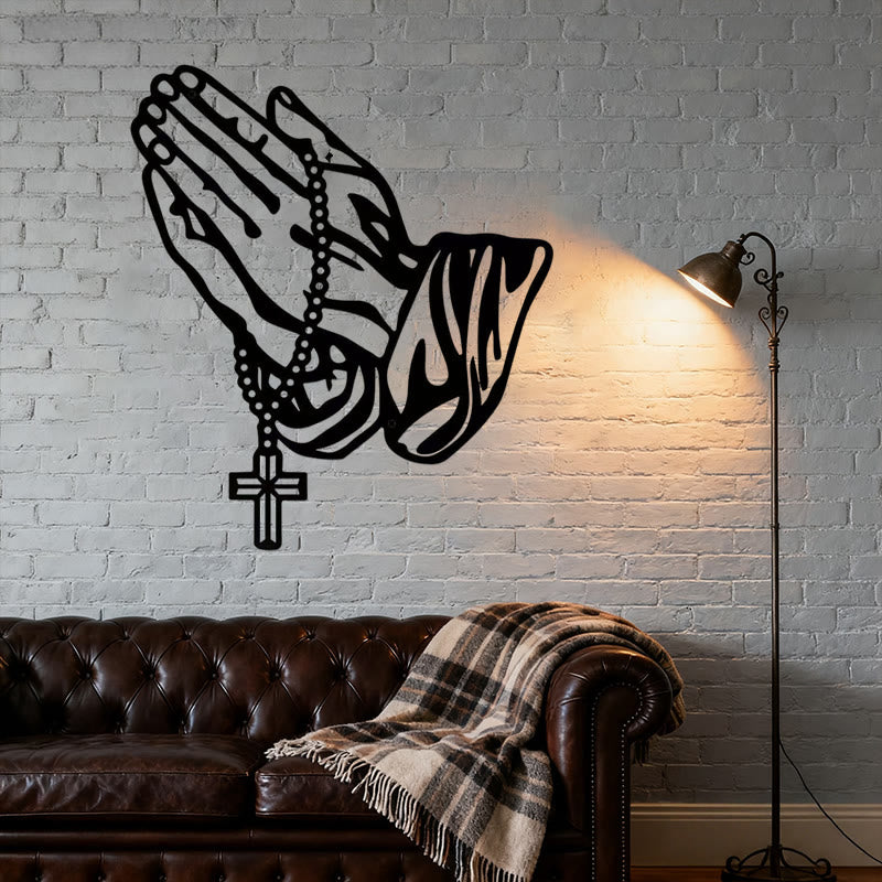 Classic Praying Hands with Rosary Cross Black Metal Wall Decor
