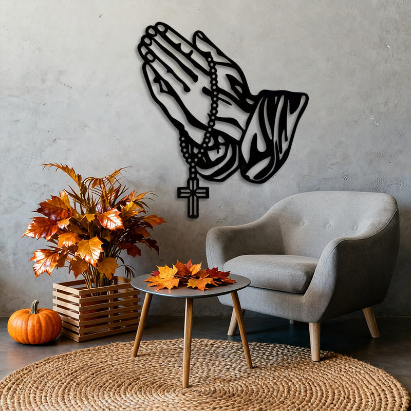 Classic Praying Hands with Rosary Cross Black Metal Wall Decor