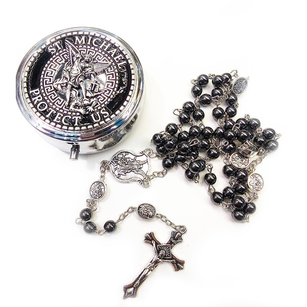 Catholic Black Obsidian Rosary Necklace – Angel Medal with Gift Box
