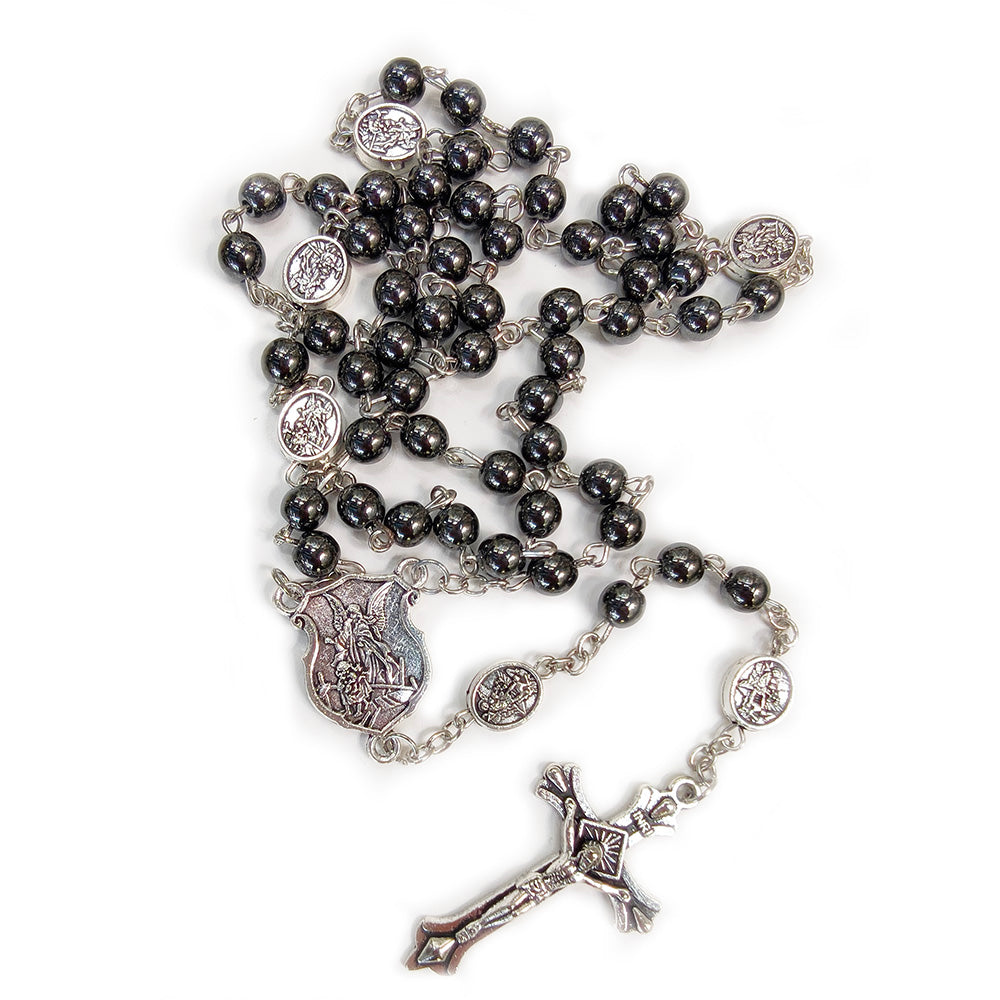 Catholic Black Obsidian Rosary Necklace – Angel Medal with Gift Box
