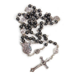 Catholic Black Obsidian Rosary Necklace – Angel Medal with Gift Box