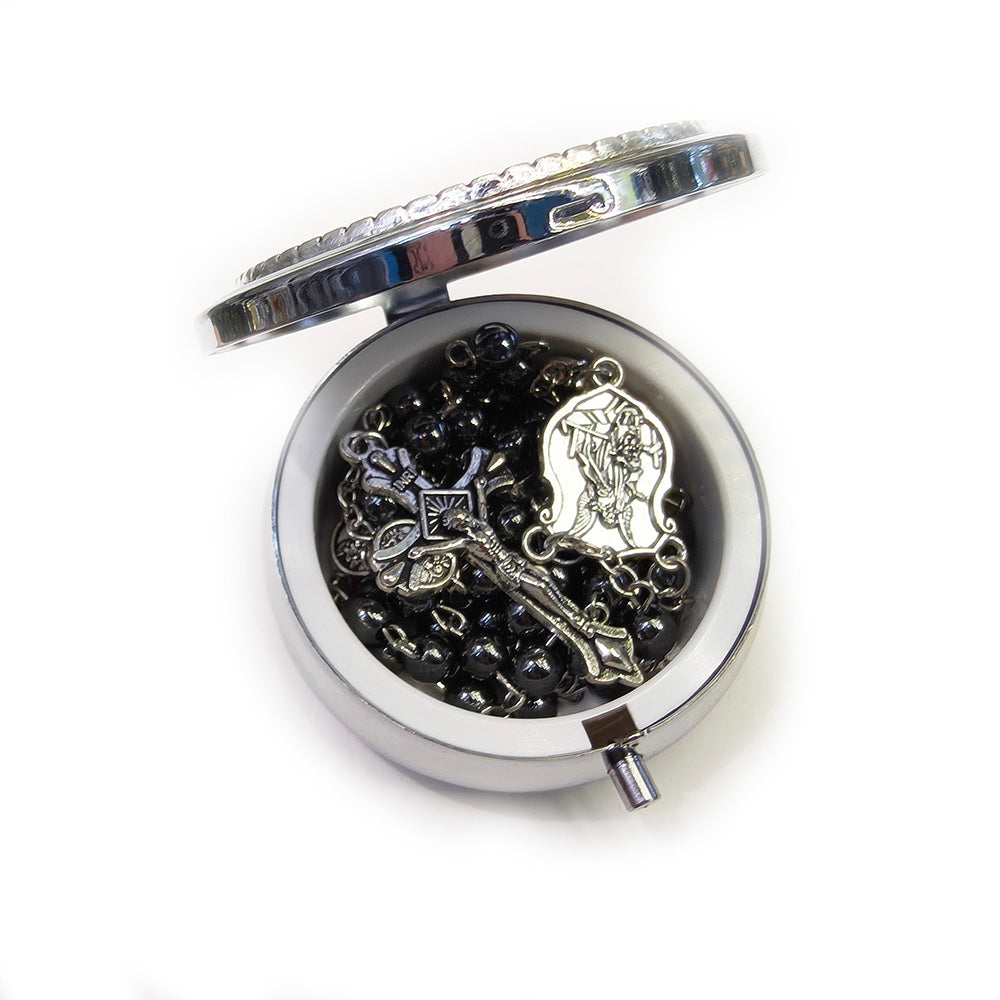 Catholic Black Obsidian Rosary Necklace – Angel Medal with Gift Box