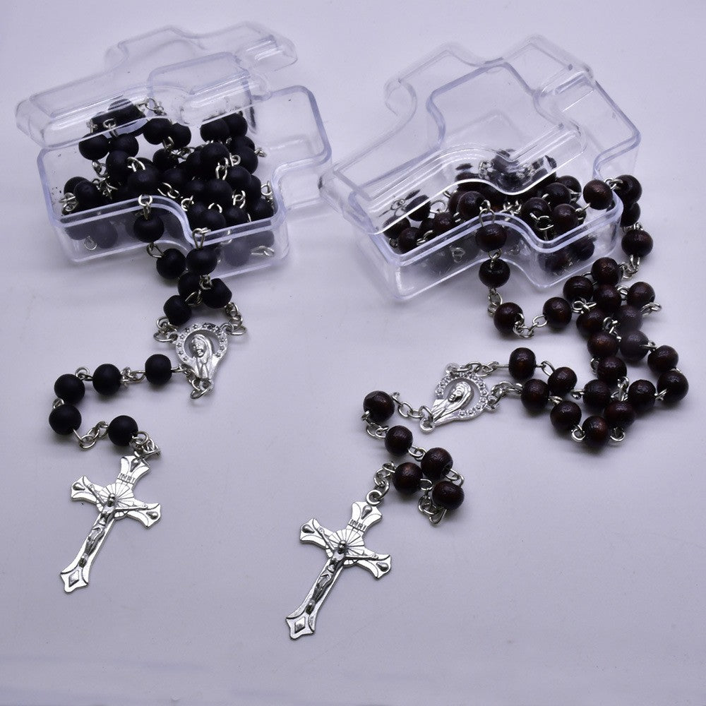 Black / Brown Wooden Rosary Necklace – Handcrafted Cross