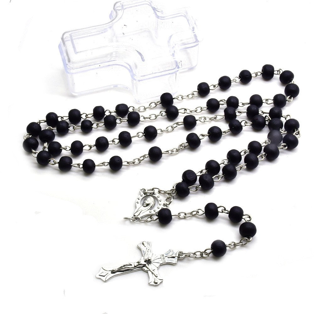 Black / Brown Wooden Rosary Necklace – Handcrafted Cross