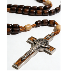 Catholic Wooden Rosary Necklace – Large Brown Beads with Cross Pendant
