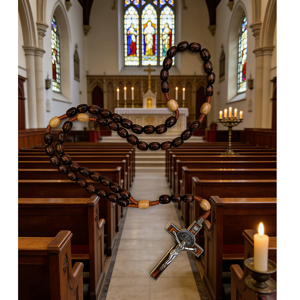 Catholic Wooden Rosary Necklace – Large Brown Beads with Cross Pendant