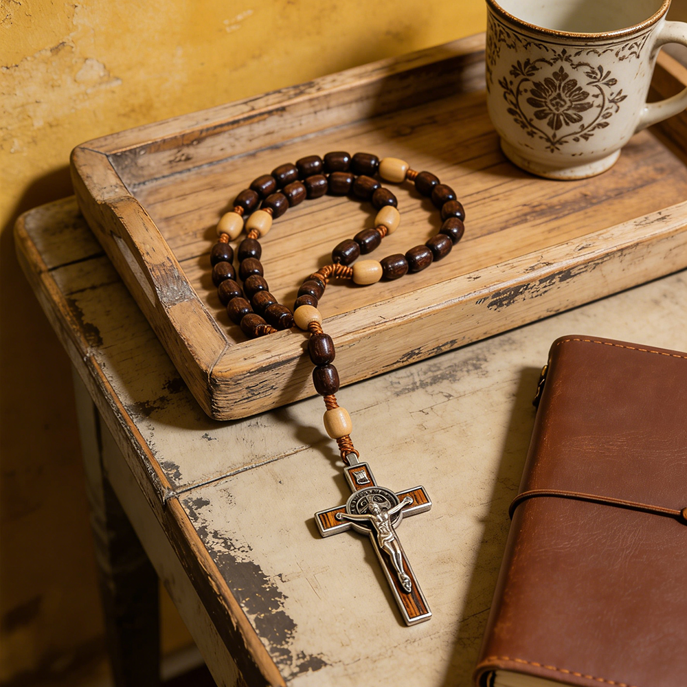 Catholic Wooden Rosary Necklace – Large Brown Beads with Cross Pendant