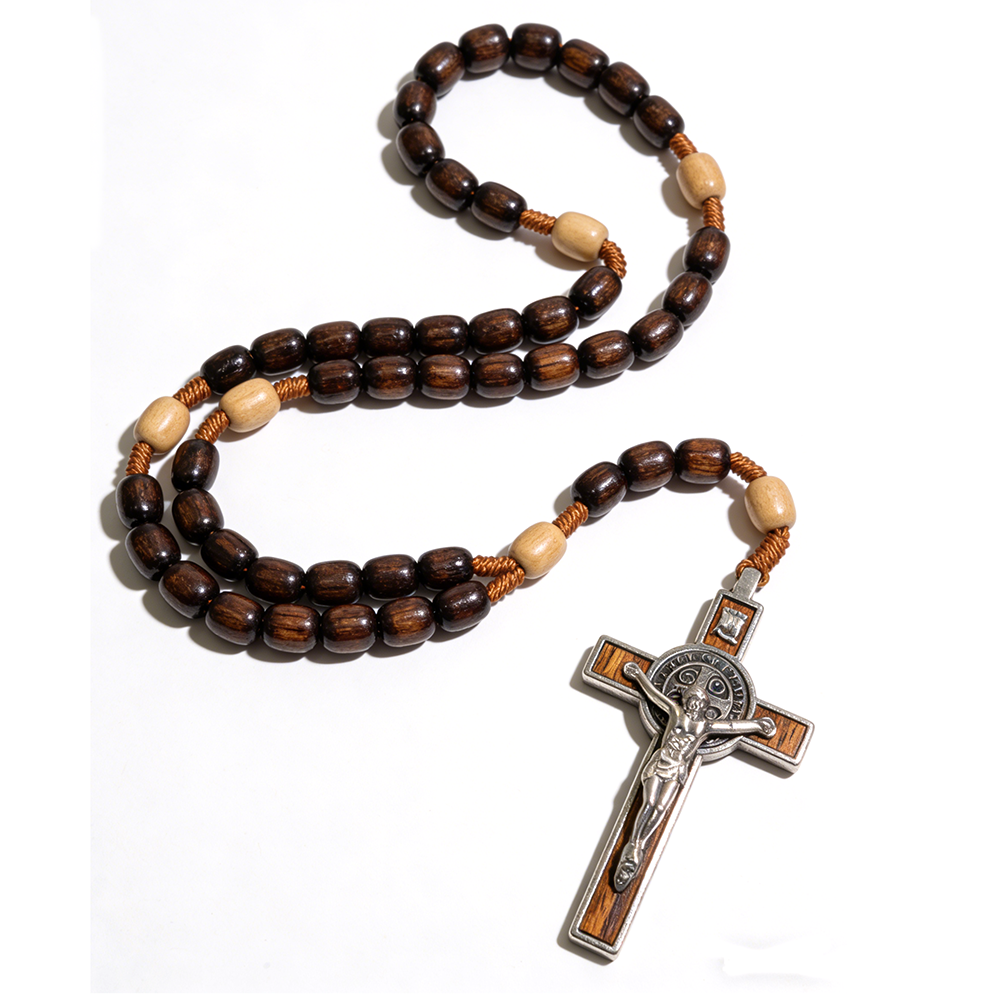 Catholic Wooden Rosary Necklace – Large Brown Beads with Cross Pendant