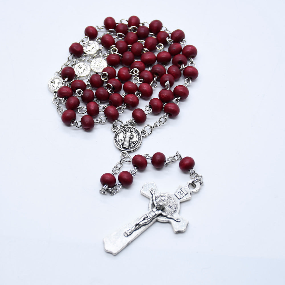 St. Benedict Wooden Rosary Necklace – Handcrafted Pine Beads with Cross
