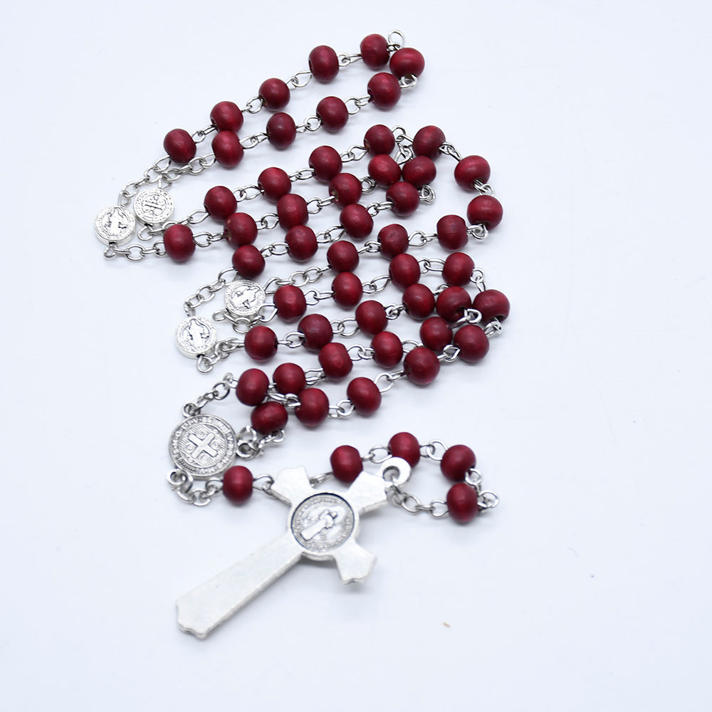 St. Benedict Wooden Rosary Necklace – Handcrafted Pine Beads with Cross