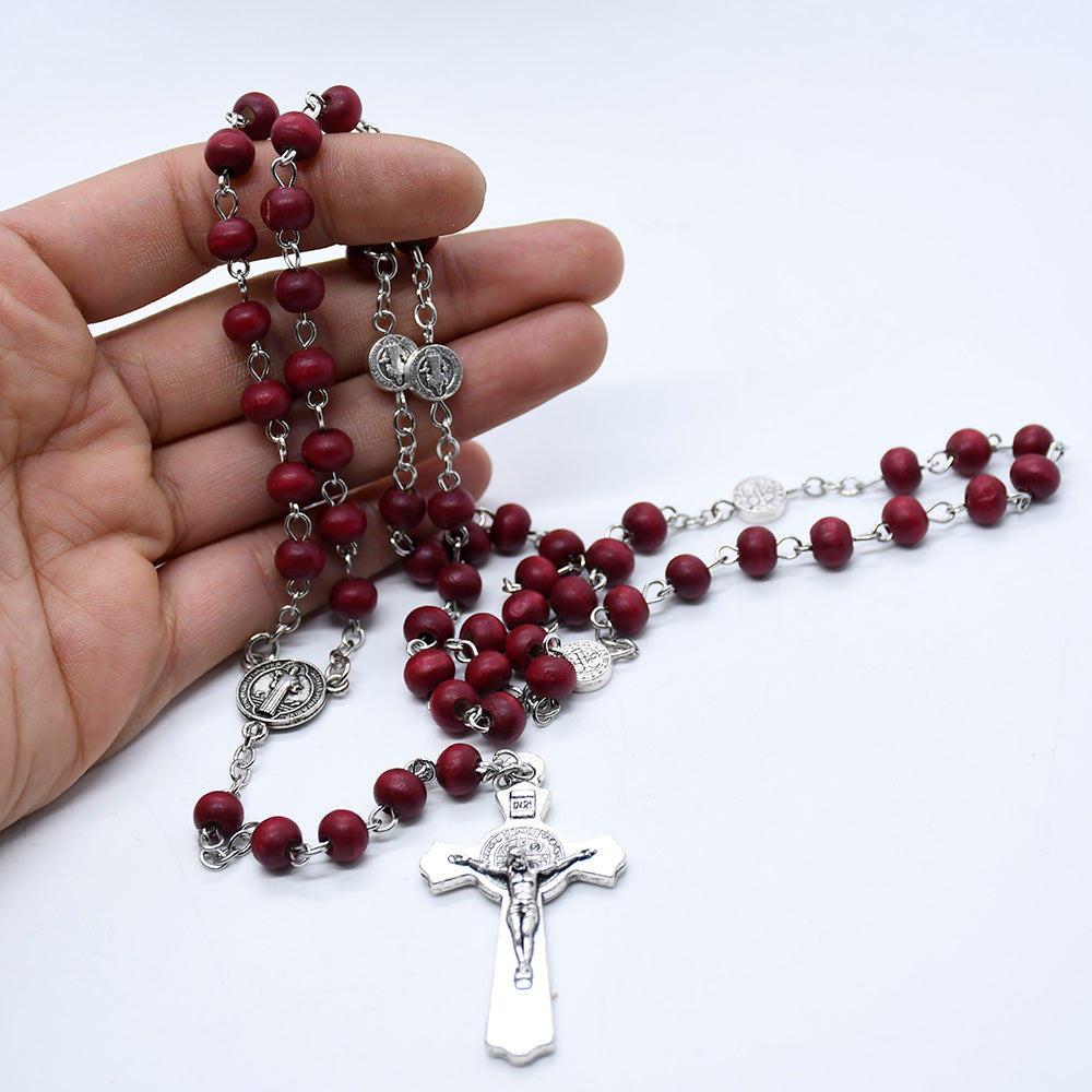St. Benedict Wooden Rosary Necklace – Handcrafted Pine Beads with Cross