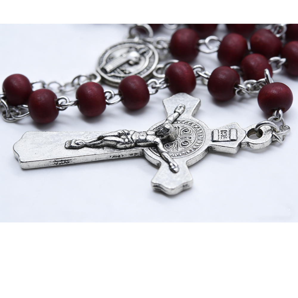 St. Benedict Wooden Rosary Necklace – Handcrafted Pine Beads with Cross
