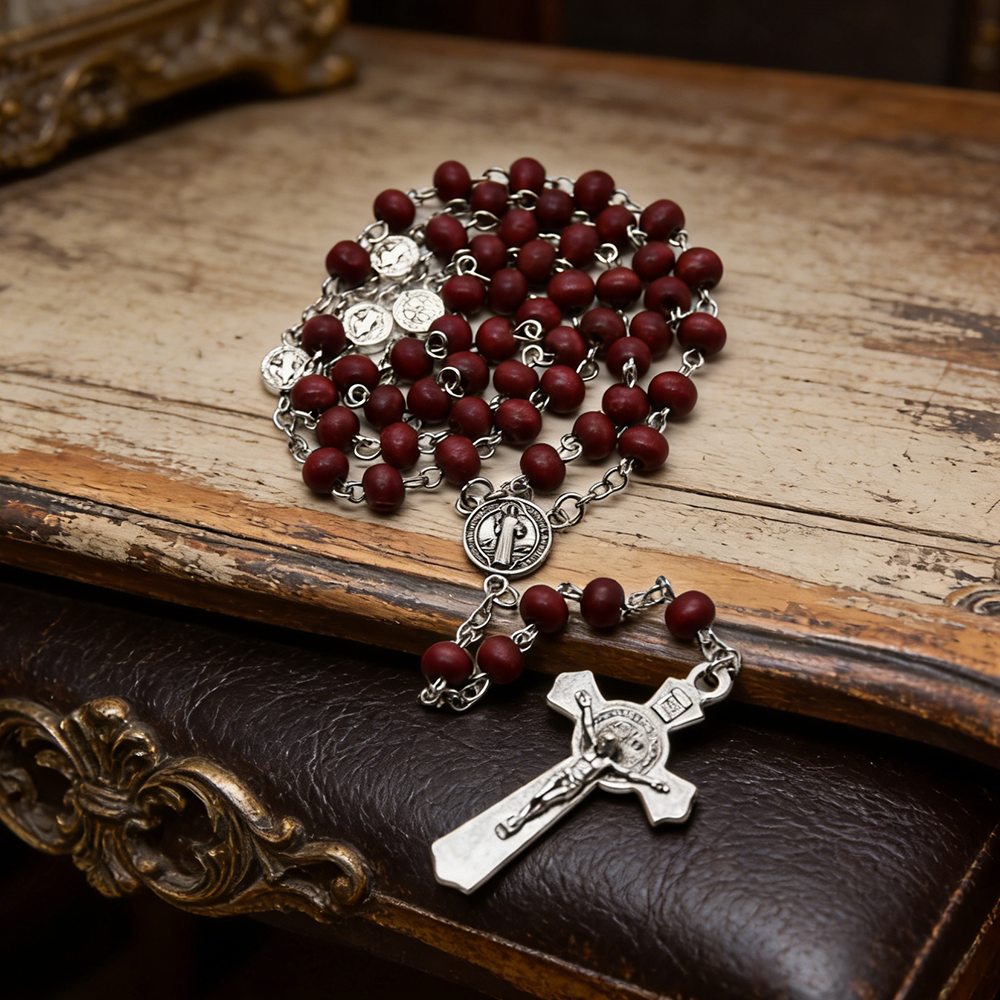 St. Benedict Wooden Rosary Necklace – Handcrafted Pine Beads with Cross