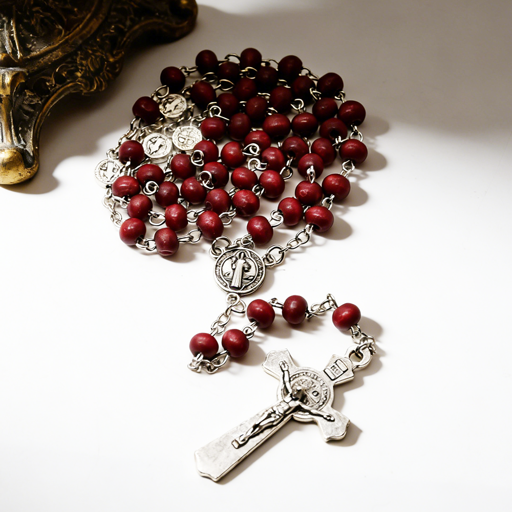 St. Benedict Wooden Rosary Necklace – Handcrafted Pine Beads with Cross