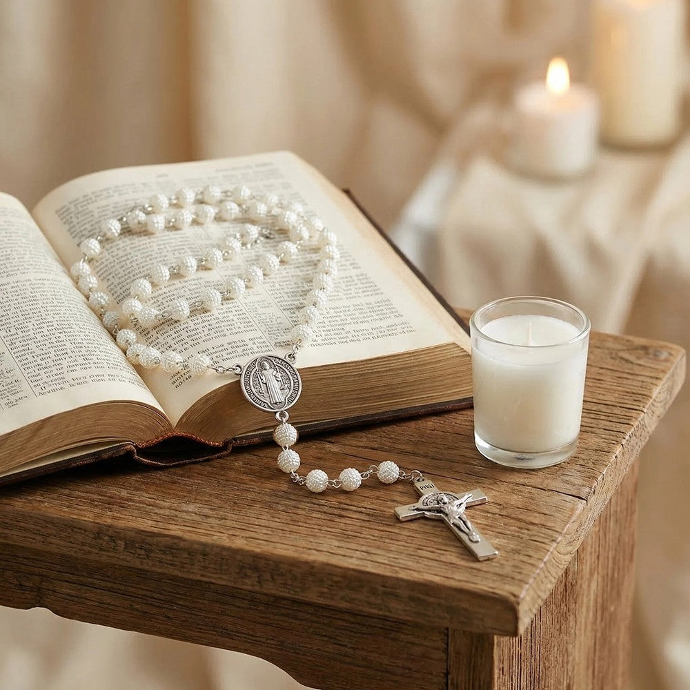Catholic Pearl Rosary Necklace – Vintage Cross Pendant Jewelry