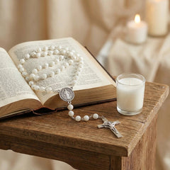 Catholic Pearl Rosary Necklace – Vintage Cross Pendant Jewelry