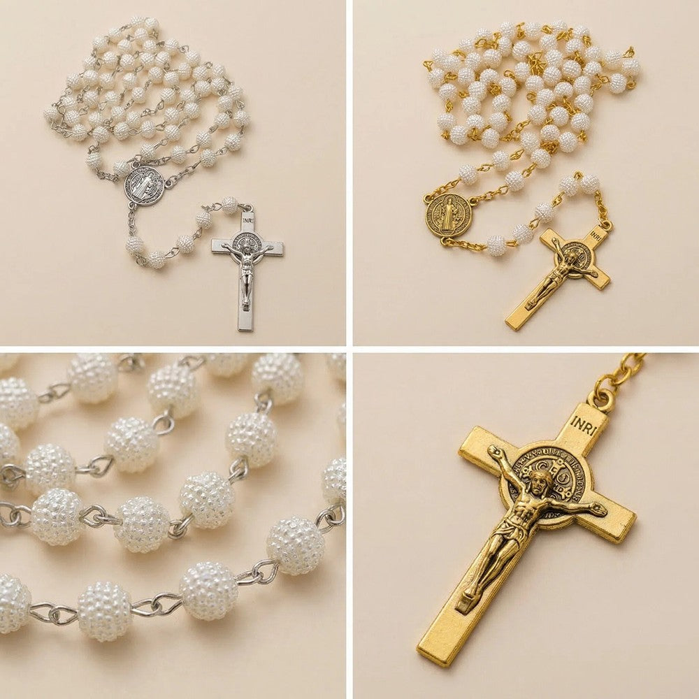 Catholic Pearl Rosary Necklace – Vintage Cross Pendant Jewelry