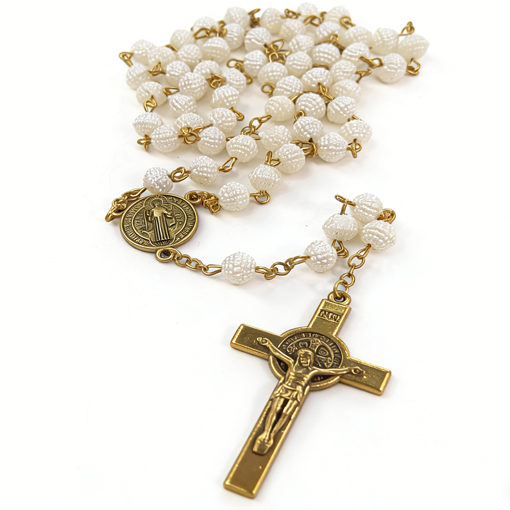 Catholic Pearl Rosary Necklace – Vintage Cross Pendant Jewelry