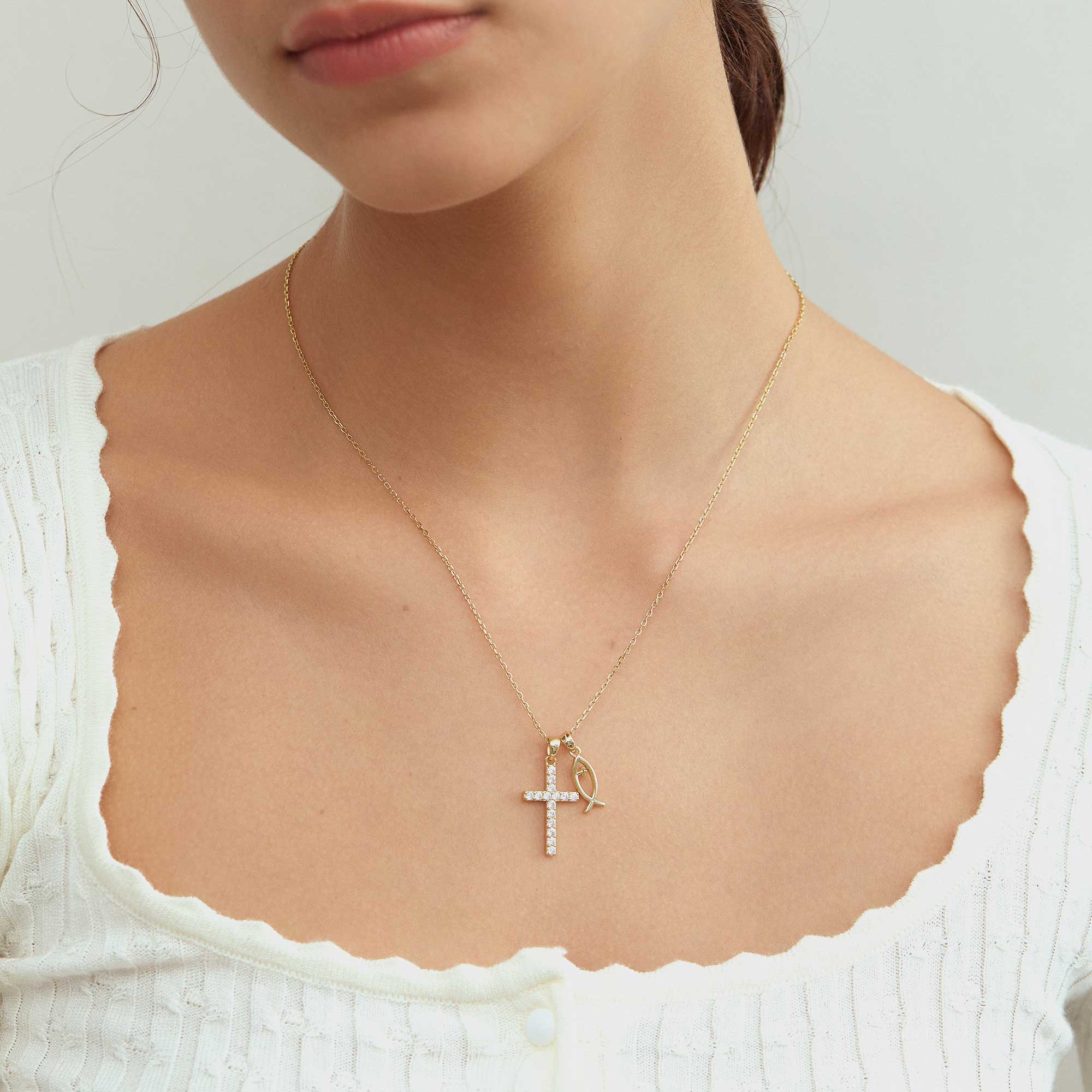 Cross & Ichthys Dual Pendant Necklace – A Symbol of Faith and Love