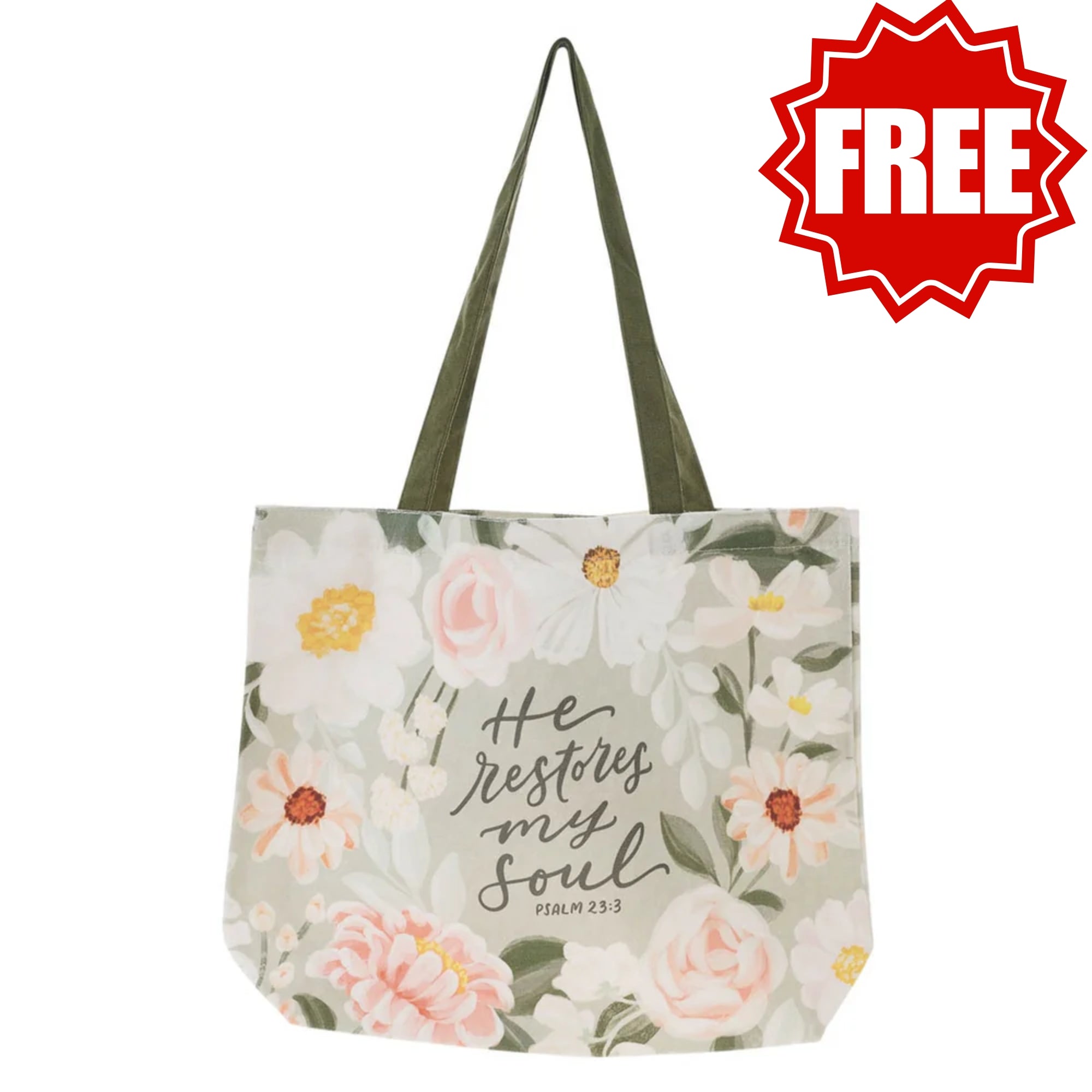 He Restores My Soul Green Floral Garden Tote Bag - Psalm 23:3