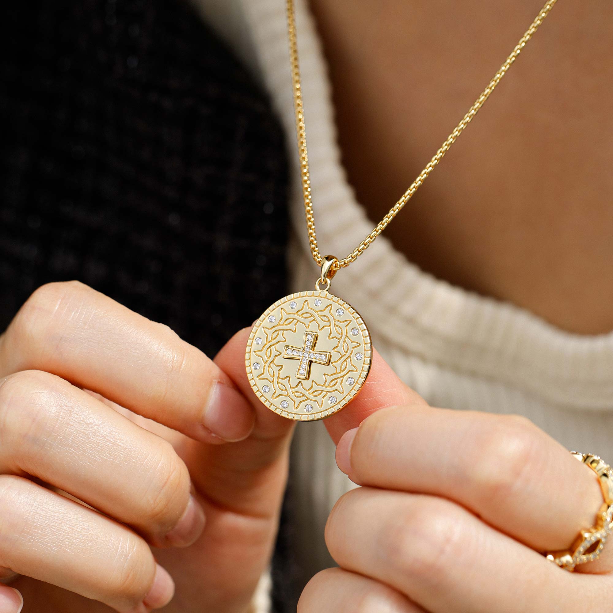 Cross Crown of Thorns Medallion Necklace