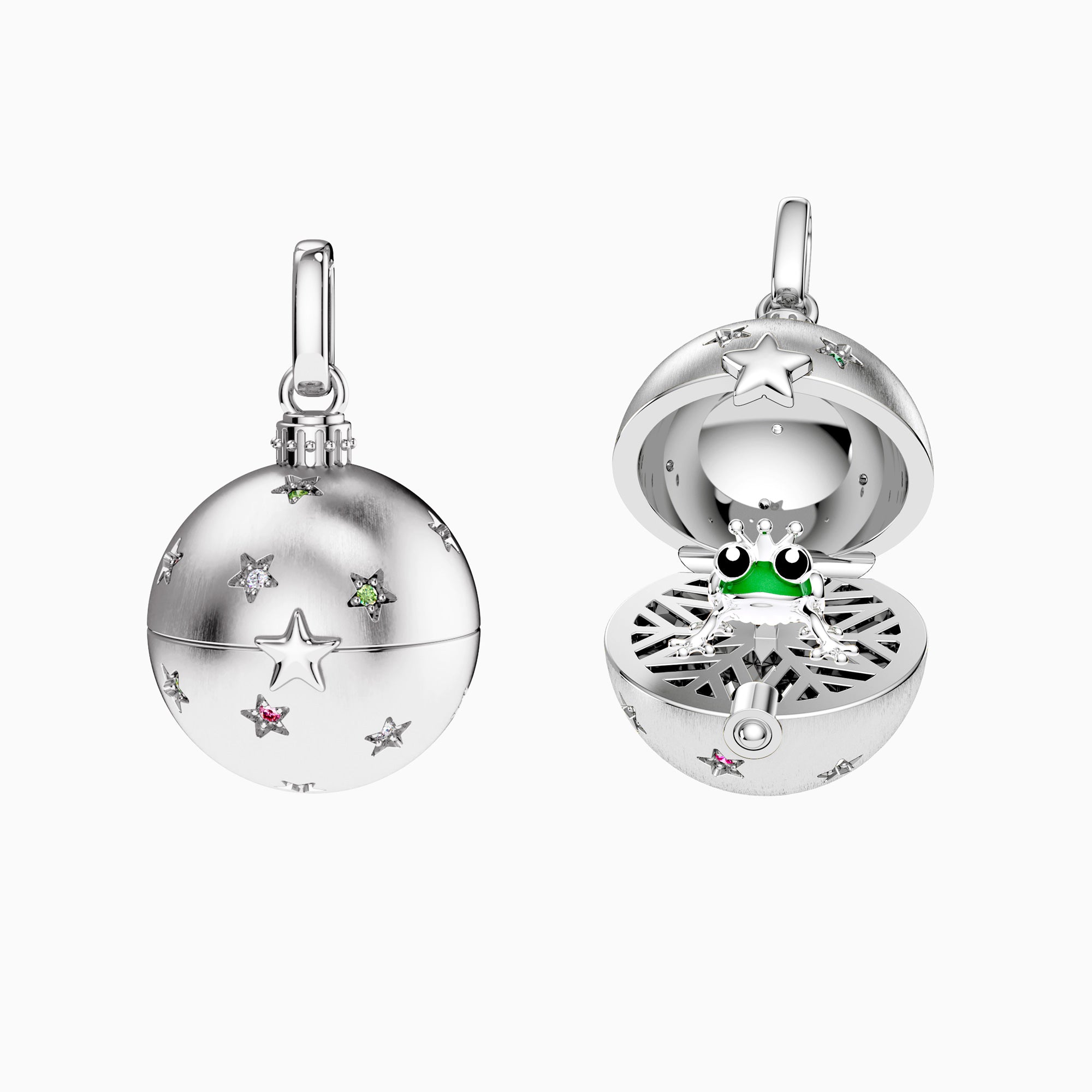 Frog Prince Surprise Celestial Pave Rainbow Color Star Amulet Christmas Ball Locket Pendant